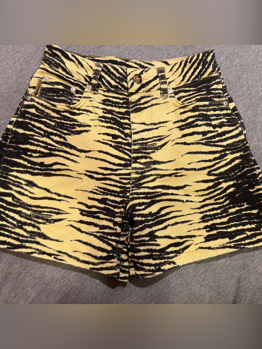 Ganni Yellow and Black Zebra-Print Denim Shorts